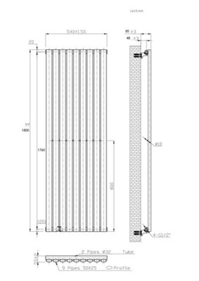 B&Q -  Oval Vertical Radiator Pewter 1800mm X 540mmSingle Panel Hydronic Radiator