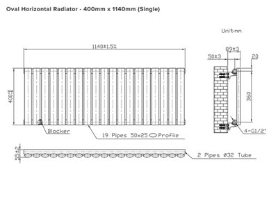 B&Q -  Oval Horizontal Radiator Pewter 400 mm X 1140 mmSingle Panel.