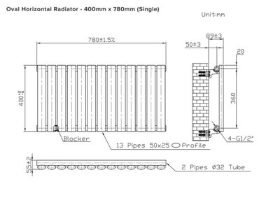 B&Q -  Oval Horizontal Radiator Pewter 400mm X 780mm SingleMild Steel381W (1298 Btu)