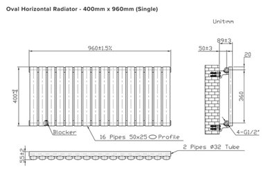 B&Q -  Oval Horizontal Radiator Pewter 400mm X 960mmSingle Panel1598 Btu (468W)