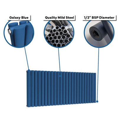 B&Q -  Oval Horizontal Coloured Radiator Galaxy Blue 600mm X 1440mm Double.