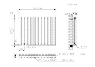 B&Q -  Oval Horizontal Radiator Pewter 600 mm X 780 mm Double Panel3370 Btu.