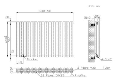 B&Q -  Pewter Oval Horizontal RadiatorDouble Panel 600 mm H X 960 mm W1216 W (4148 Btu)