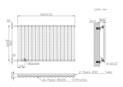B&Q -  Oval Horizontal Radiator Pewter 600mm X 960mm Single Panel2231 Btu
