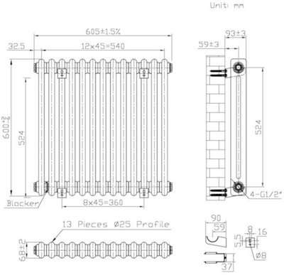 B&Q -  Horizontal Brass Lacquer 2-Column Column Radiator600mm H X 605mm WBrass Lacquer.