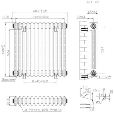 B&Q -  Horizontal Brass Lacquer 3-Column Radiator600mm H X 605mm WMild Steel.