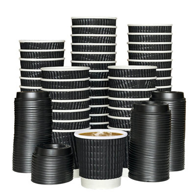  - Econx 4Oz Black Disposable Kraft Paper Ripple Cups With Lids Leak Proof Insulated Triple Wall Takeaway Coffee Cup X 500Pk