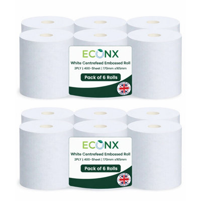  - Econx White Centrefeed Rolls 6 Pack 2 Ply Embossed Super Absorbent 400 Sheets White Roll Paper Towel Tissue