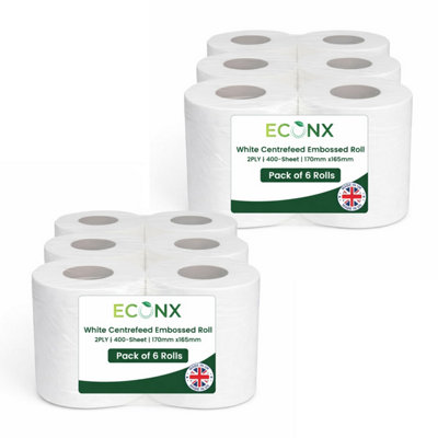  - Econx White Centrefeed Rolls 12 Pack 2 Ply Embossed Super Absorbent 400 Sheets White Roll Paper Towel Tissue