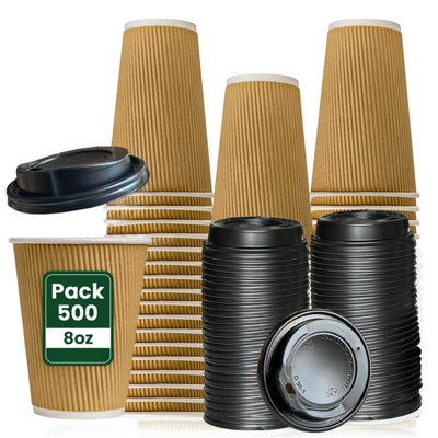 Econx 500 Pack 8Oz Takeaway Brown Coffee Cups With Black Lids Triple Layer Ripple Disposable Coffee Cups from B&Q