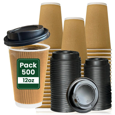 Econx 500 Pack 12Oz Takeaway Brown Coffee Cups With Black Lids Triple Layer Ripple Disposable Coffee Cups from B&Q