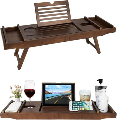 Mantraraj Bamboo Extendable Bath Tub Caddy Tray With Foldable Legs & Wine Tablet Holder from B&Q