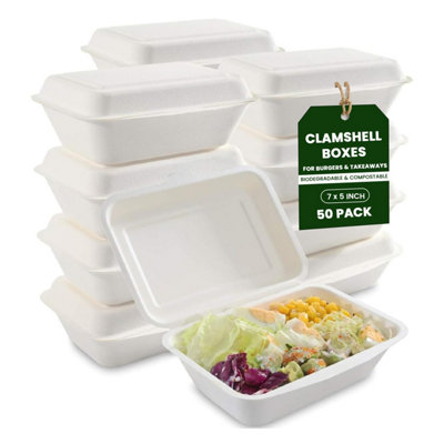  - Econx Bagasse Food Containers Burger Boxes 7X5 Inch Clamshell Takeaway Containers With Lids 50Pk