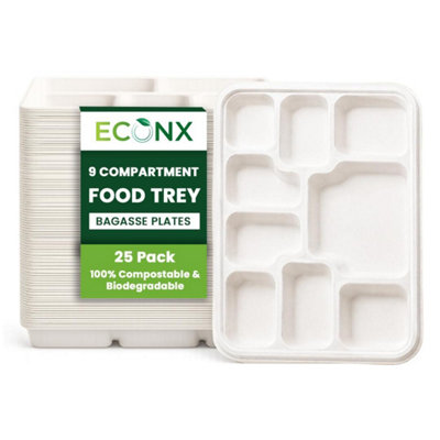  - Econx 9 Compartment Dinner Plates Bagasse Sugarcane Paper Trays Disposable Party Plates Pack Of 25