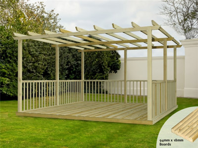 Edecks Discount Decking Kit Pressure Treated Timber With Pergola (4.2M X 4.2M)Square Handrails from B&Q