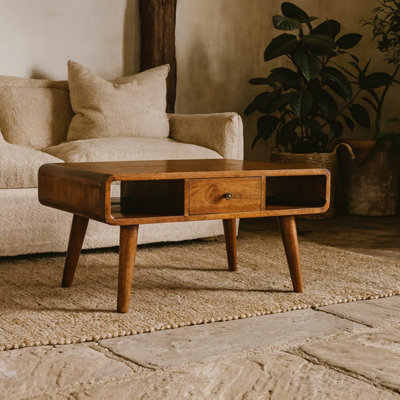 B&Q -  Ostuni Curved Chestnut Mango Wood Coffee Table With Drawers And Open Shelves