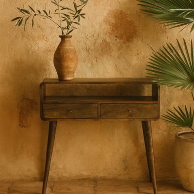 Wyld Haus Trapani Curved Console TableGrey-Washed Mango Wood2 Drawers & Open Shelf900X900X350mm from B&Q