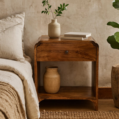 Wyld Haus Lanta Scalloped Mango Wood Bedside Table With DrawerChestnut Finish from B&Q