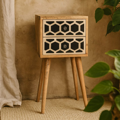 B&Q -  Valeggio Mini Mango Wood Bedside Table With 2 Bone-Inlay Drawers