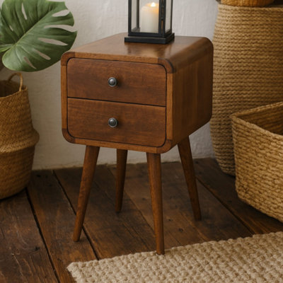B&Q -  Venzone Mini Chestnut Mango Wood Curved Bedside Table 2 Drawers