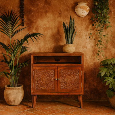 Wyld Haus Talloires Chestnut Mango Wood Media Cabinet2-Door Tv Unit With Open Shelf from B&Q
