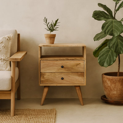 Wyld Haus Megeve Classic Natural Oak Mango Wood Bedside Table 2 Drawers Open Shelf from B&Q