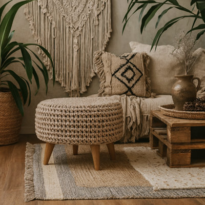 Wyld Haus Mantua Beige Hand-Woven Oblong Footstool With Oak-Effect Legs from B&Q