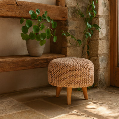 Wyld Haus Mantua Beige Woven Round FootstoolMango Wood Legs400mm from B&Q