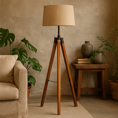 Wyld Haus Phuket Fixed Chrome And Teak Wood Tripod Floor Lamp115 CmNeutral Shade from B&Q