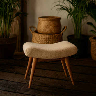 Wyld Haus Olbia Bouclé Cream Curved Bench With Mango Wood Legs100% Cotton from B&Q