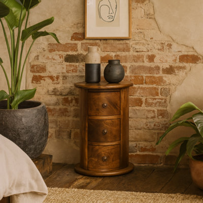 Wyld Haus Olbia Mini Drum Chest3-Drawer Solid Mango WoodChestnut FinishRound Bedside Table from B&Q