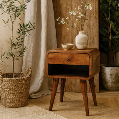 B&Q -  Honfleur Curved Mango Wood Bedside Table In Chestnut With Drawer And Shelf