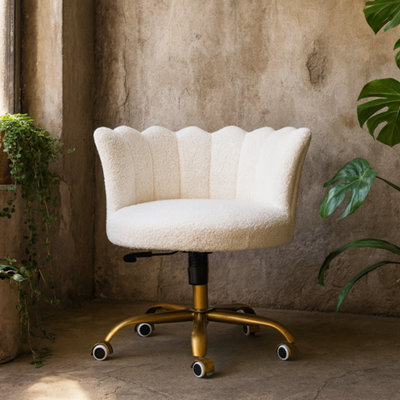 Wyld Haus Sarlat Scalloped White Boucle Swivel Chair With Brass Base from B&Q
