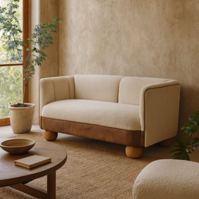 Wyld Haus Olbia Small SofaCream Bouclé Upholstery With Buffalo Hide Leather Seat from B&Q