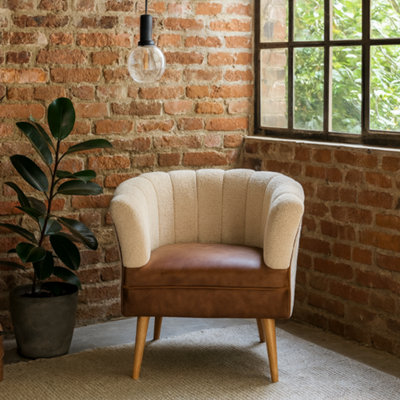 Wyld Haus Olbia Cream Bouclé Armchair With Buffalo Leather Seat & Mango Wood Legs from B&Q