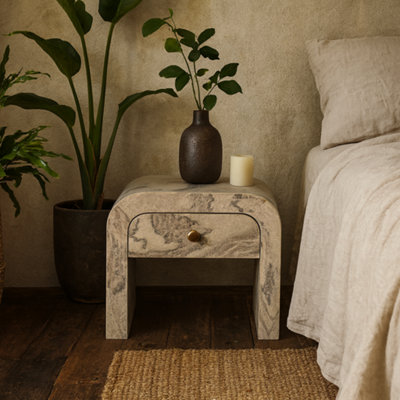 Wyld Haus Eguisheim Marble-Effect Mango Wood Bedside Table from B&Q