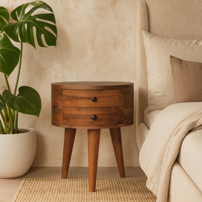 Wyld Haus Ischia Oak Mango Wood Tripod Round Bedside Table2 Drawers from B&Q