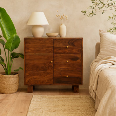 Wyld Haus Bologna Small Sheesham Wood Sideboard Chestnut Finish 3 Drawers 1 Door from B&Q