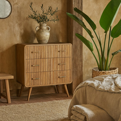 Wyld Haus Puglia 3-Drawer Mango Wood T-Bar Ridged Chest Natural Oak Finish from B&Q
