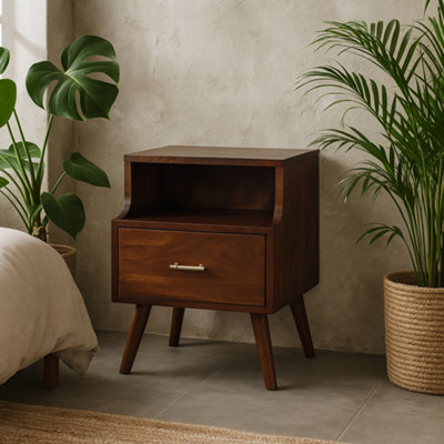 Wyld Haus Cortona Antique Mango Wood Raised Back Bedside Table With T-Bar Drawer And Nordic Legs from B&Q