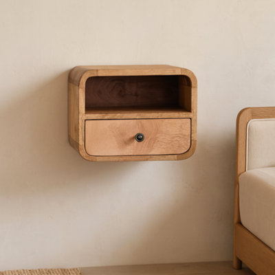 Wyld Haus Cagliari Small Wall Mounted Curved Mango Wood Bedside Table With Shelf from B&Q