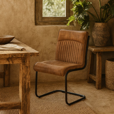 Wyld Haus Germain Tan Brown Upholstered Ribbed Leather Dining Chair from B&Q