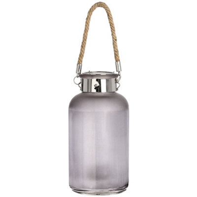 Wyld Haus Frosted Grey Glass Lantern With Rope Detail And Led from B&Q