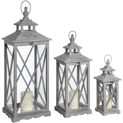 Wyld Haus Set Of 3 Grey Wooden Lanterns With Glass Panels And Cross Lattice from B&Q