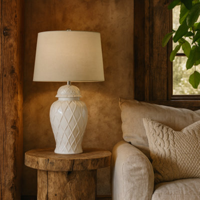 Wyld Haus Banneville White Ceramic Lattice Diamond Ginger Jar Lamp With Linen Shade from B&Q