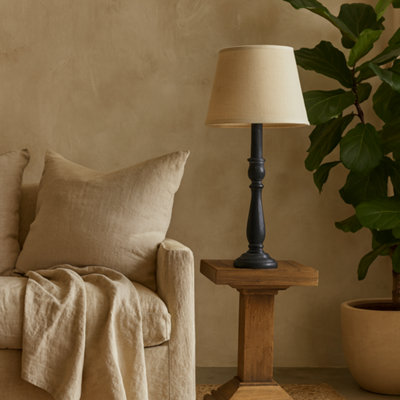 Wyld Haus Piana Slim Black Wooden Table Lamp With Cream Linen Shade from B&Q