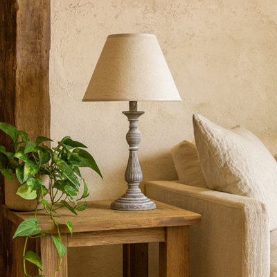Wyld Haus Blesle Whitewashed Turned Wood Pedestal Table Lamp With Cream Linen Shade from B&Q
