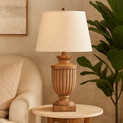 Wyld Haus Auberville Flute Wooden Table Lamp With Tapered Cream Linen Shade from B&Q