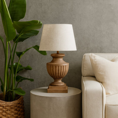 Wyld Haus Castelnau Flute Pedestal Wooden Table Lamp With Cream Linen Shade from B&Q