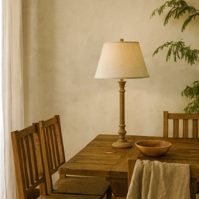 Wyld Haus Flavigny Natural Turned Wooden Pillar Table Lamp With Cream Linen Shade from B&Q